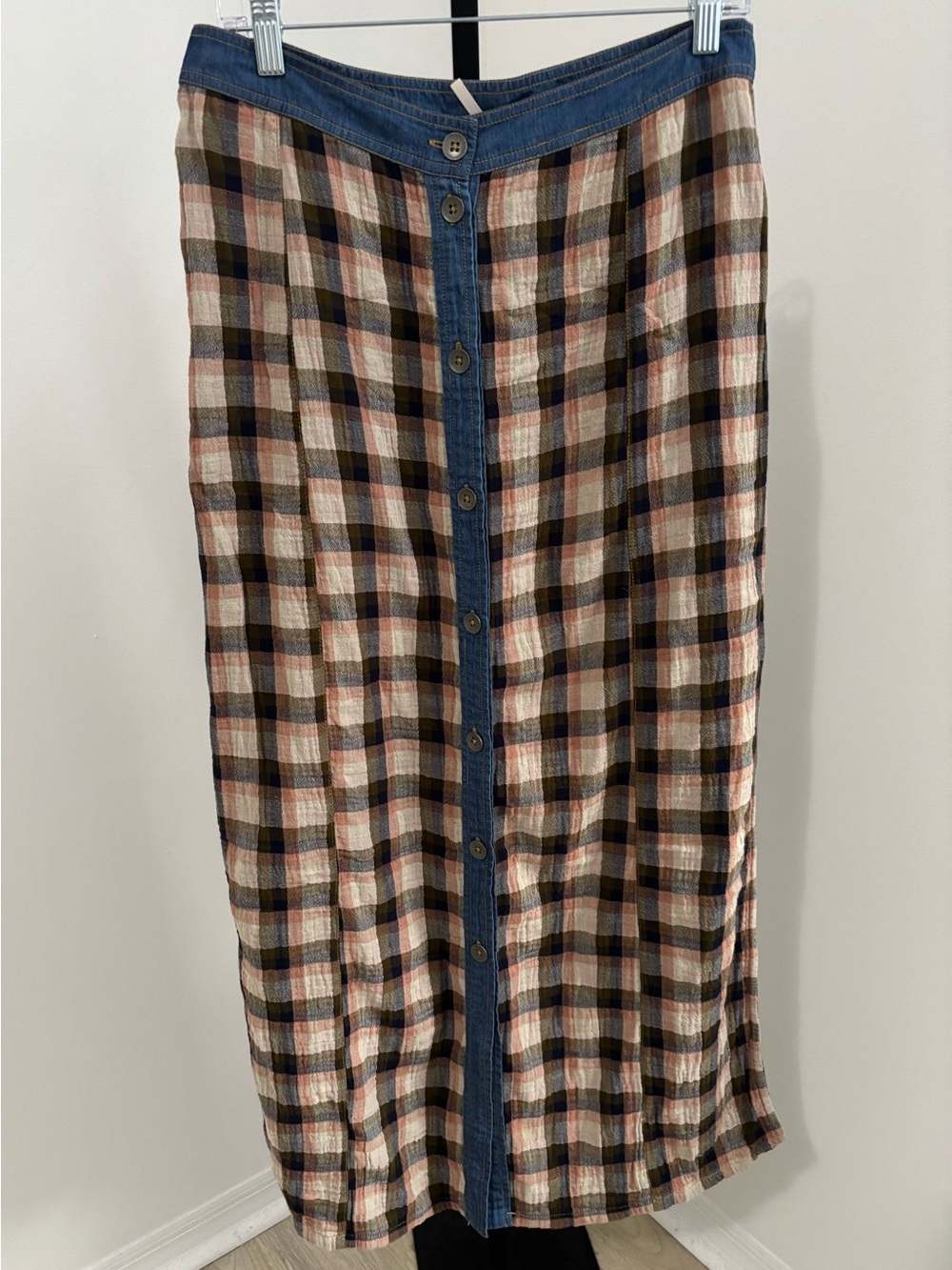 Free People Button-Front Plaid Maxi Skirt in Brown, peach pink and Blue